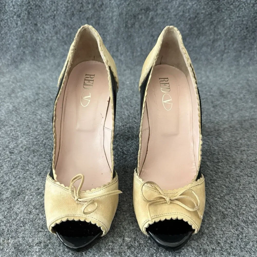 Red Valentino Peep Toe Pumps Patent Leather Black Beige Scalloped Bow Heels 37